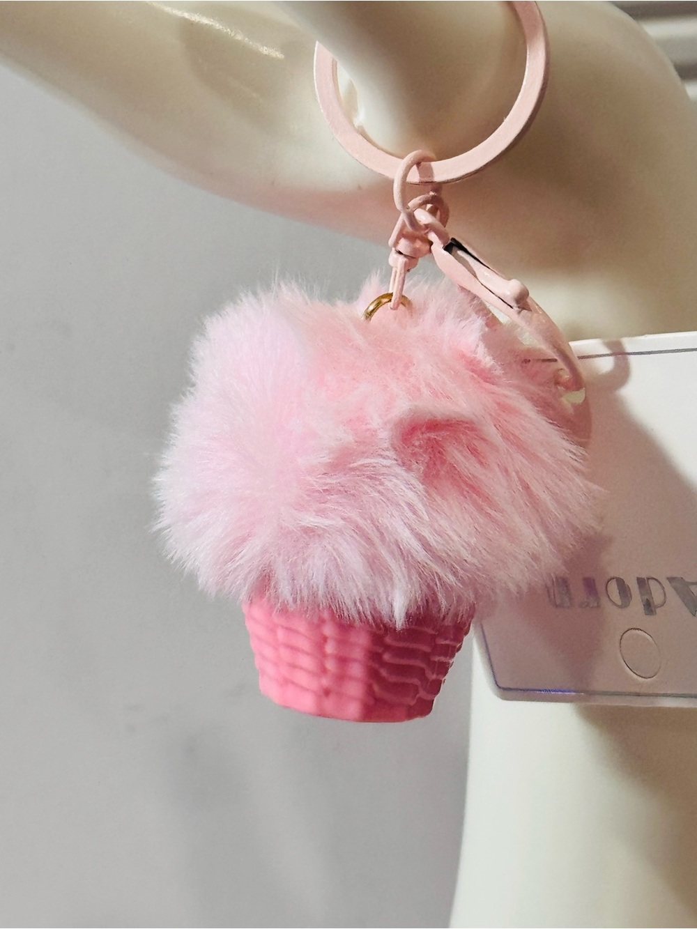 Fur Pom Pom Plush Ice Cream Waffle Basket Keychain Bag Charm NWT Pink Strawberry